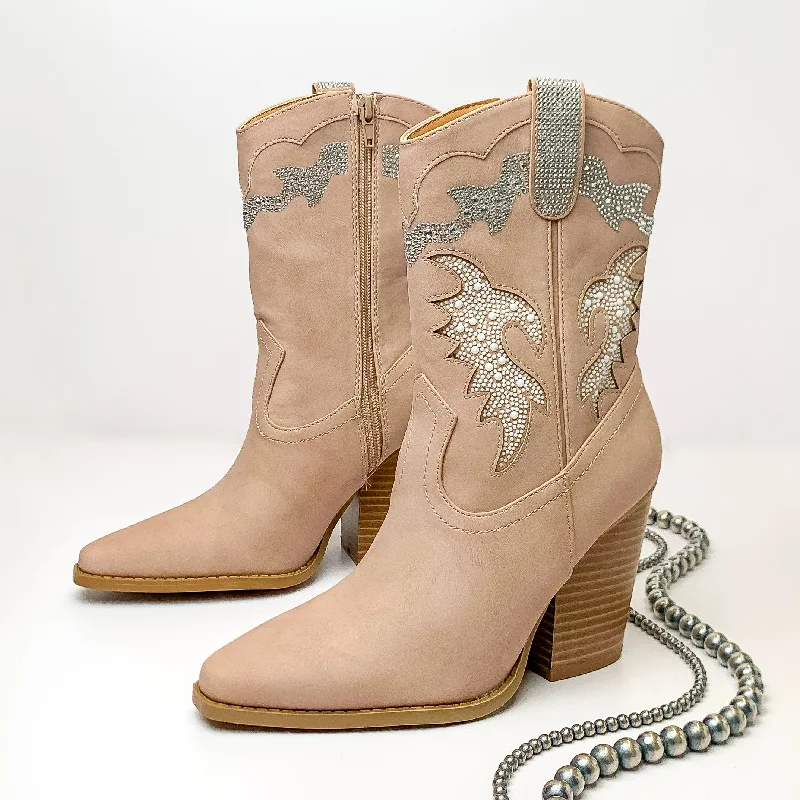 The Jolene Heeled Ankle Booties with Clear Crystals in Blush Nude