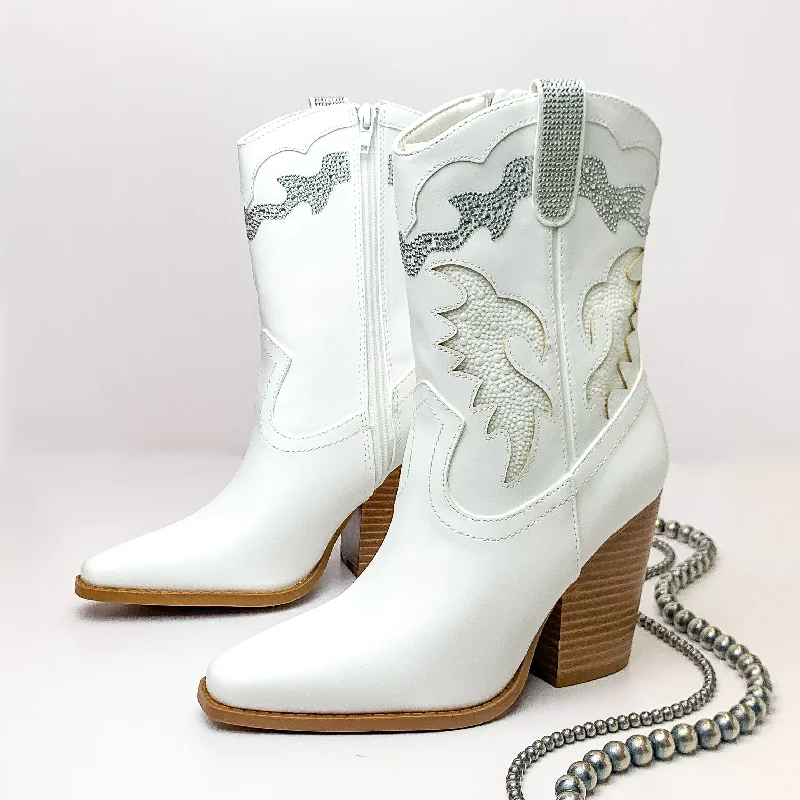 The Jolene Heeled Ankle Booties with Clear Crystals in White