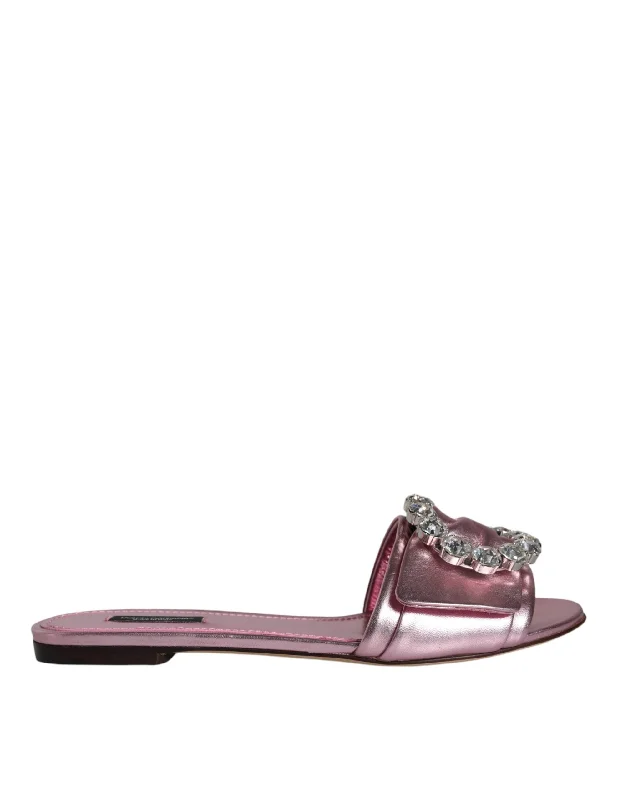 Dolce & Gabbana Metallic  Crystal Leather Flats Sandals Women's Shoes