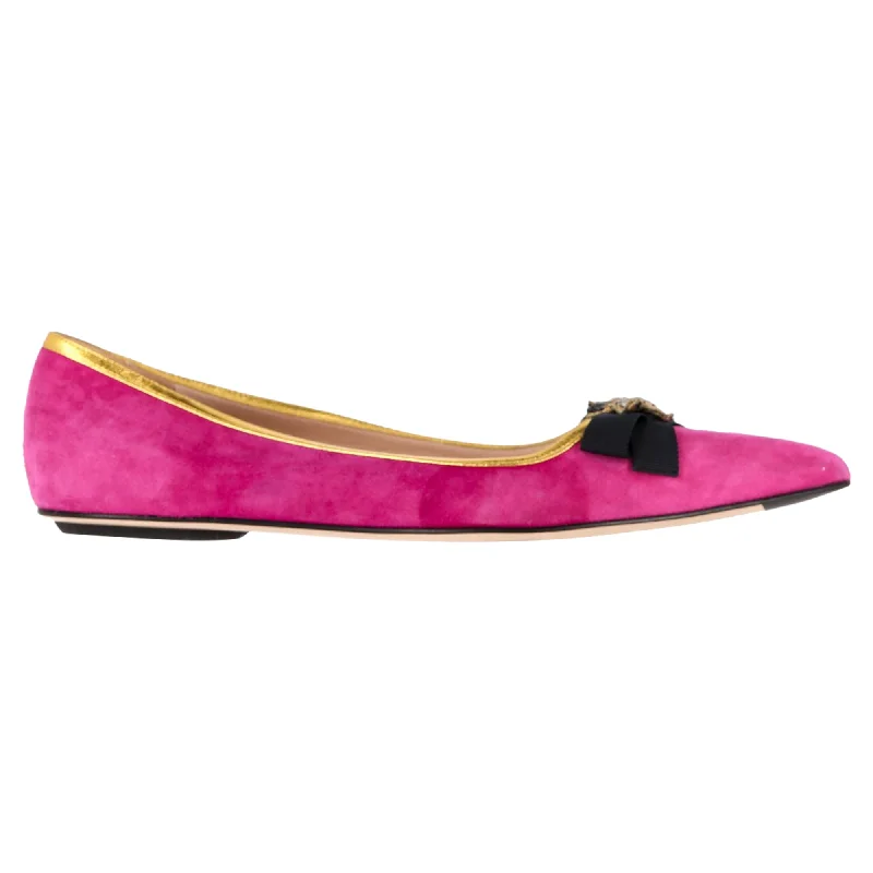 Gucci Bee Pointed Ballerina Flat Shoes in Pink Suede