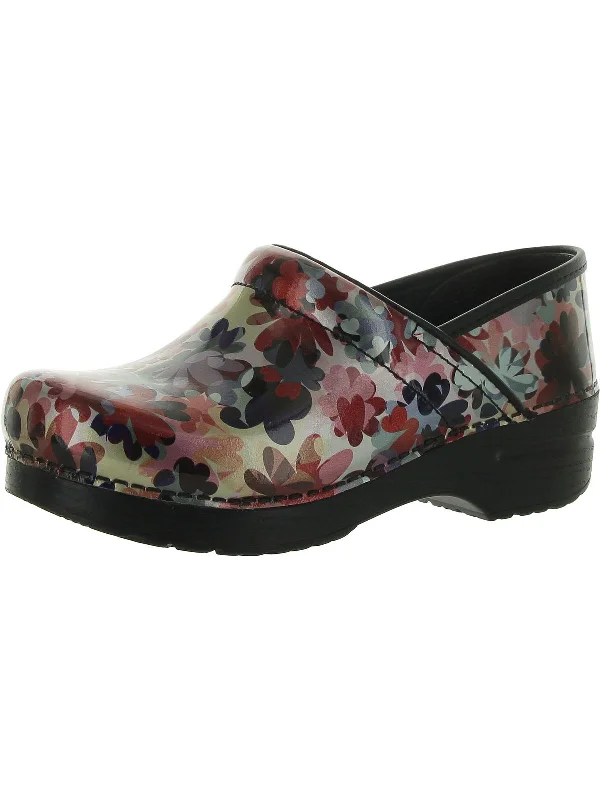 Womens Patent Leather Floral Print Clogs