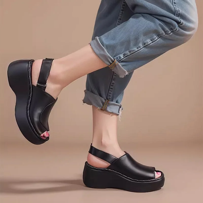 Handmade Leather Light Platform Sandals For Women Mori Girl Style in Black