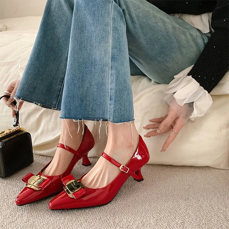 Handmade Leather Point Toe Pumps 55mm Kitty Heel In Red/Black/Silver