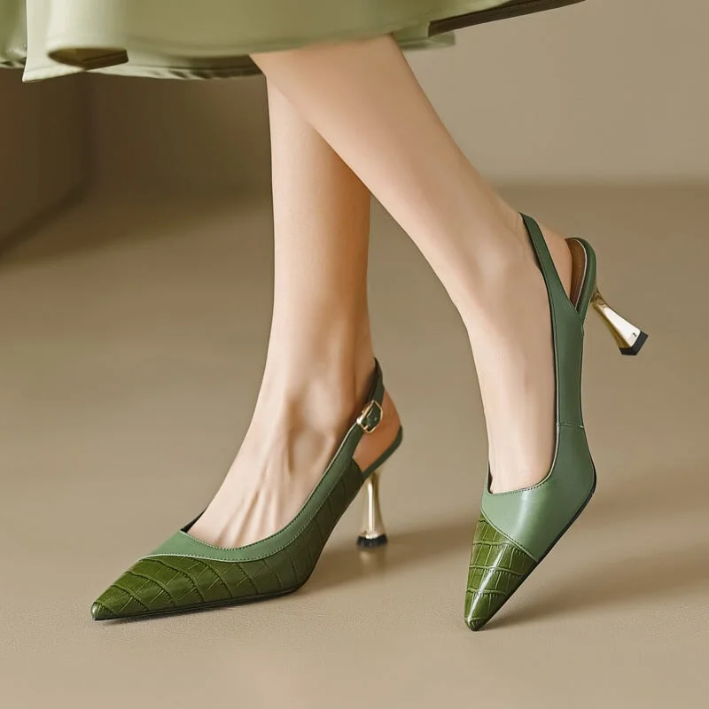 Leather Point Toe Kitty Heel Pumps Sandals 70mm Alligator Print High Heels in Green/Beige