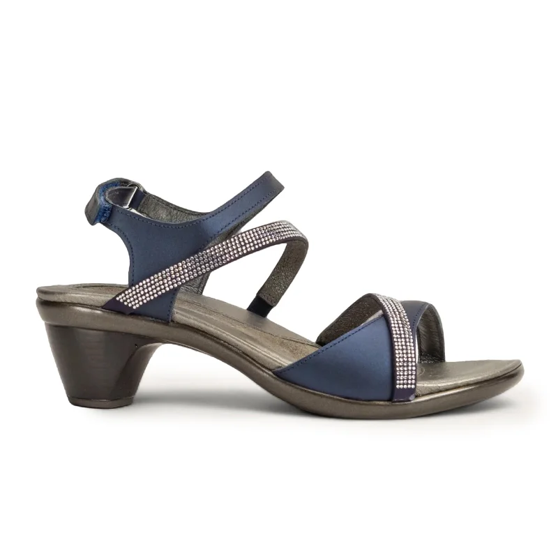 Naot Innovate Heeled Sandal (Women) - Polar Sea Leather/Navy/Clear Rhinestones