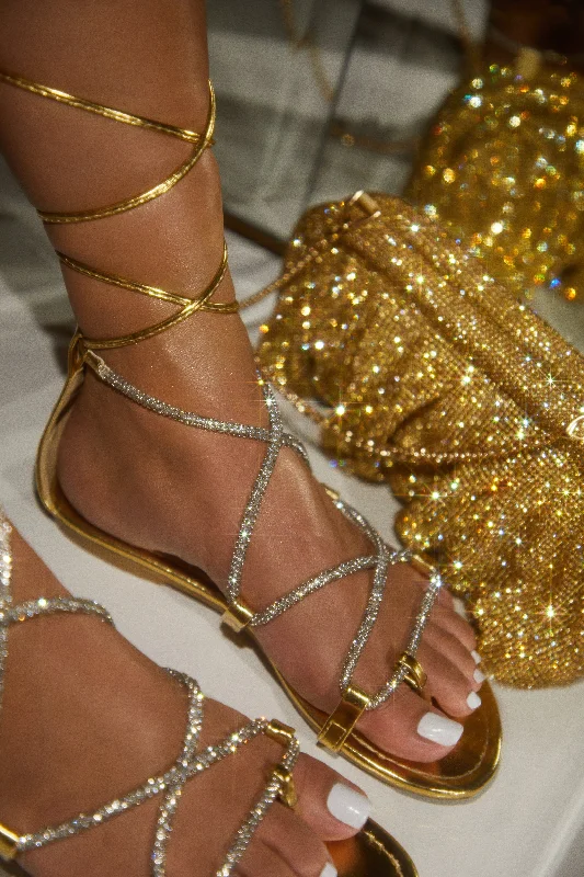 Vegas Weekend Embellished Lace Up Sandals - Gold