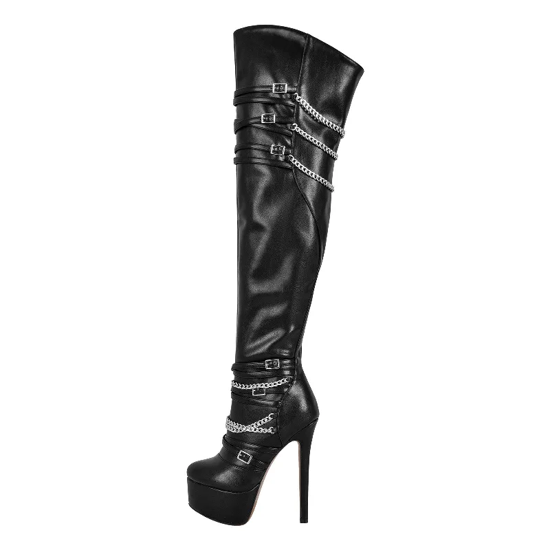 Chain Round Toe Platform Stilettos Over The Knee Boots