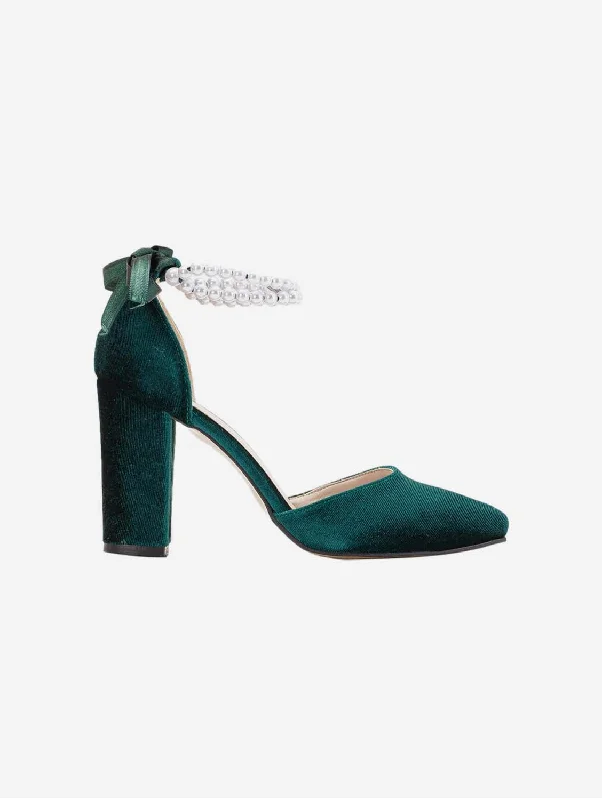 Denise Vegan Suede & Pearl Heels | Emerald Green