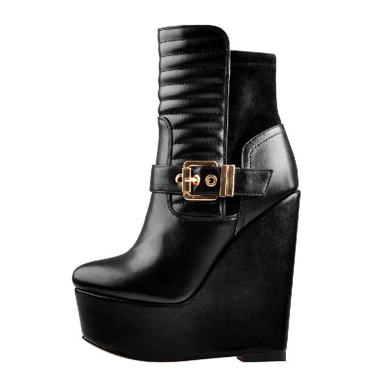 Platform Zipper Metal Buckle Strap Round Toe Wedge Heel Ankle Boots