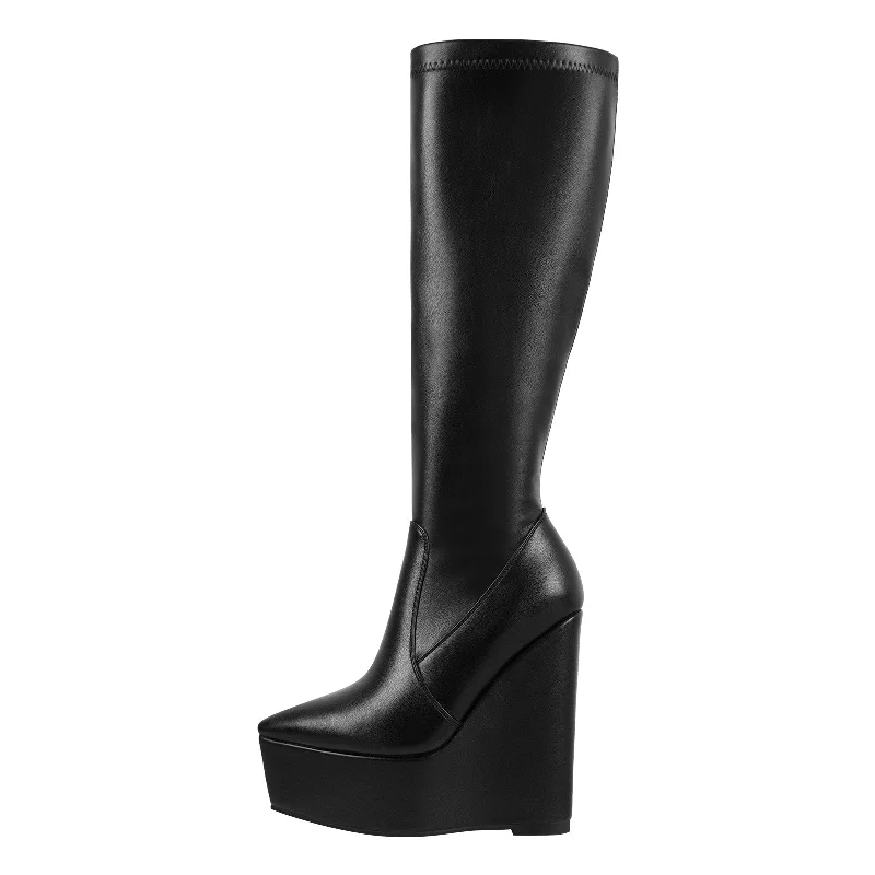 Pointed Toe Wedge Heel Zipper Knee High Boots